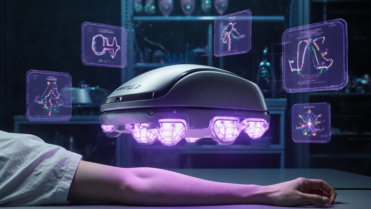Futuristické zařízení s AI řízeným vakuem a holografickými senzory nad pacientovým paží.