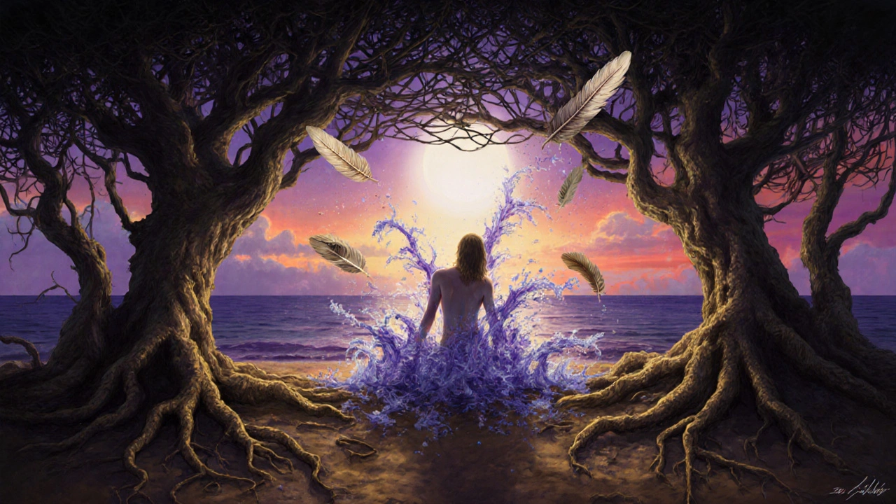 Symbolický obraz osvobození od stresu: člověk vychází z temnoty do světla, přeměňující se v vlny a peří.