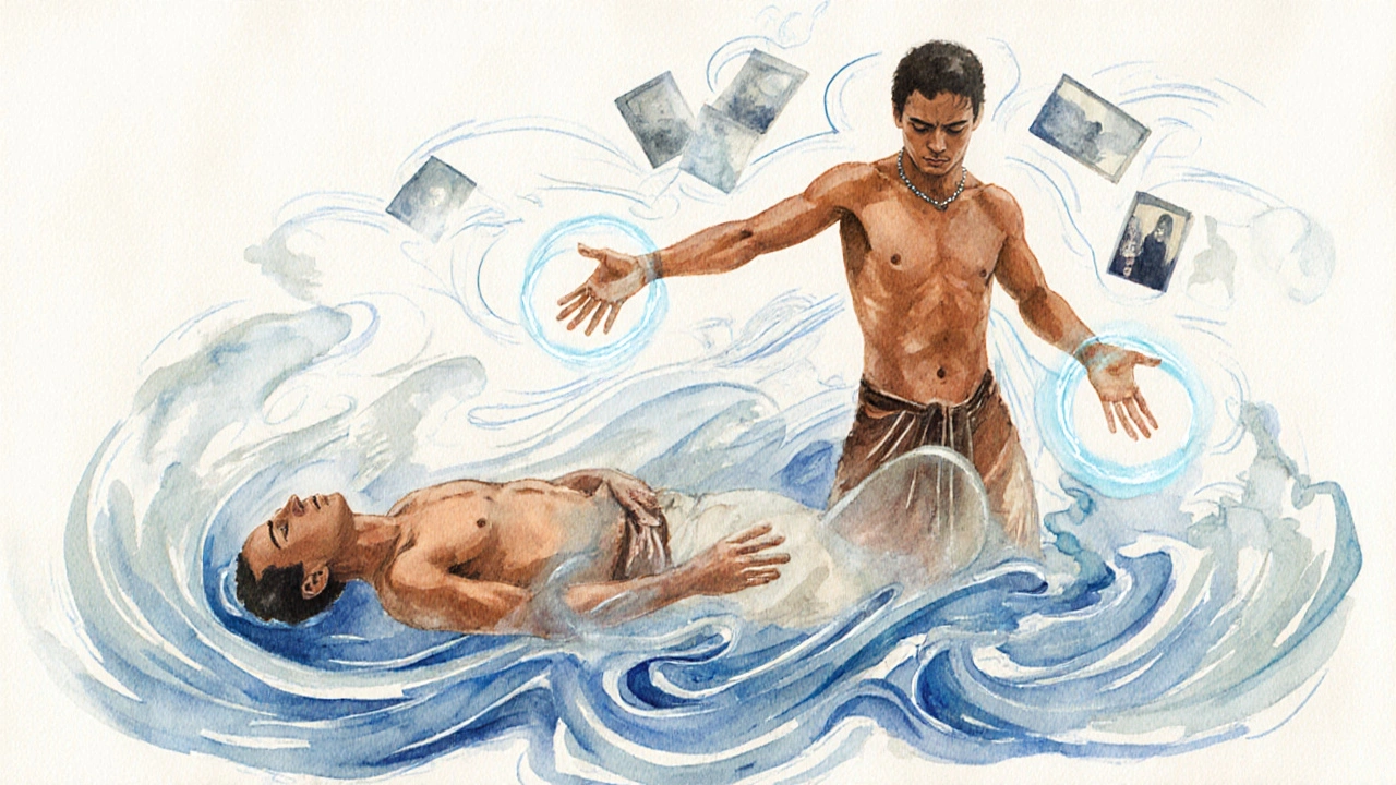 Umělecké znázornění plynulého pohybu maséře a klienta spojeného s energií podobnou mořským vlnám.