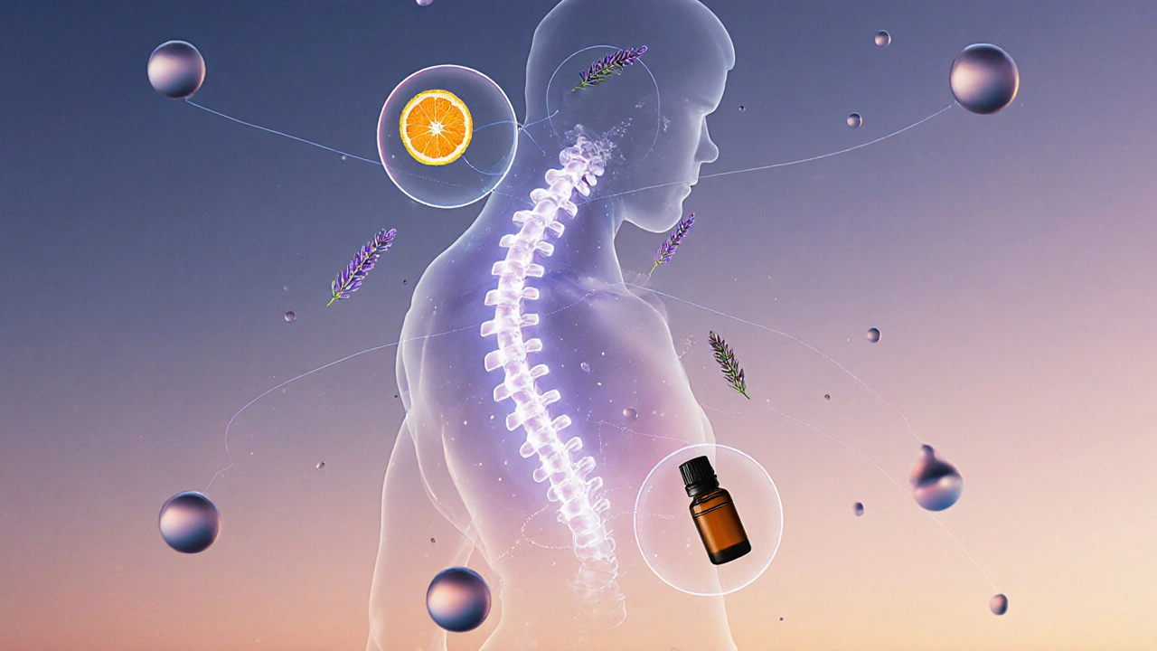 Abstraktní znázornění uvolnění záda pomocí kaplí esenciálních olejů a světla podél páteře.