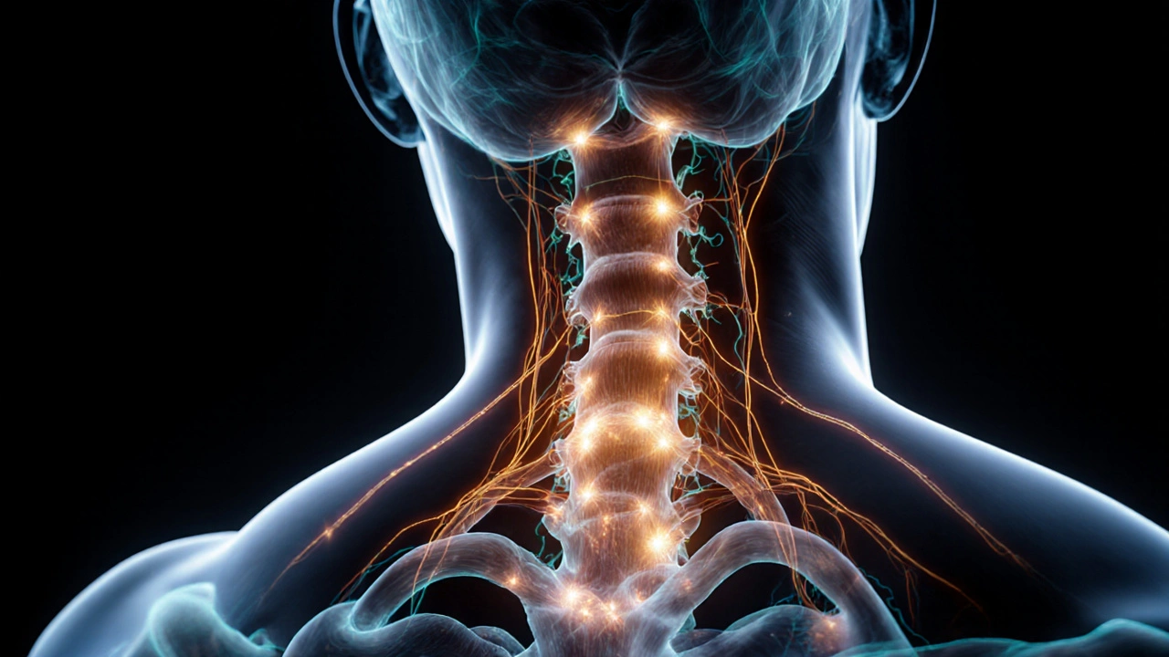 Anatomická ilustrace trigger bodů v krku a ramenách propojených s nervy v mozku.