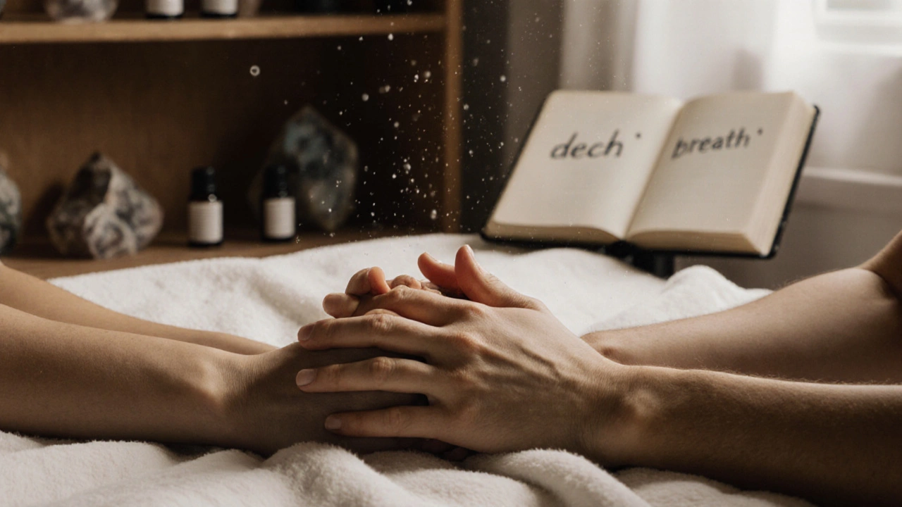 Dvě ruce se jemně dotýkají na bavlněném plátně, symbolizující uvolnění a důvěru.