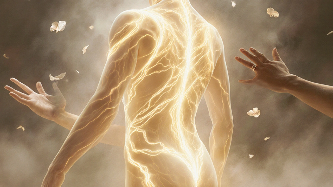 Glowing golden energy flows through the body in wave-like patterns, symbolizing Hawaiian mana during Lomi Lomi massage.
