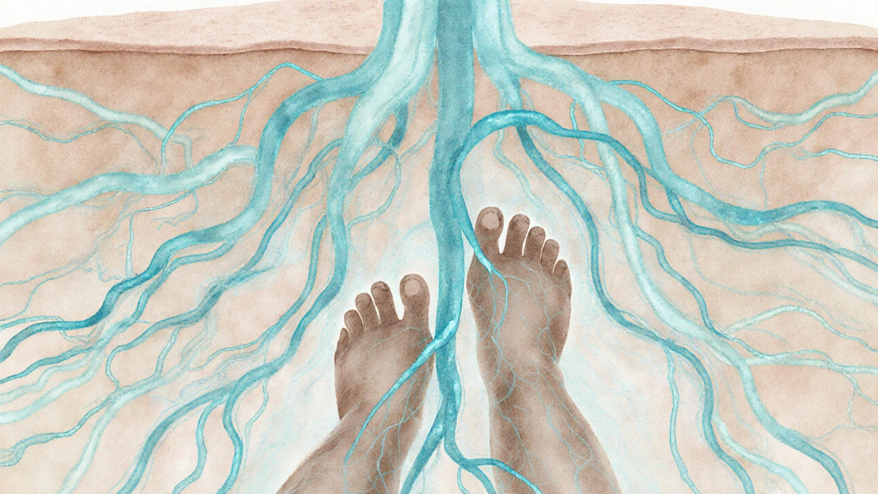 Glowing lymfatický systém jako průhledné modré toky pod kůží, které obnovují proudění tekutin v těle.