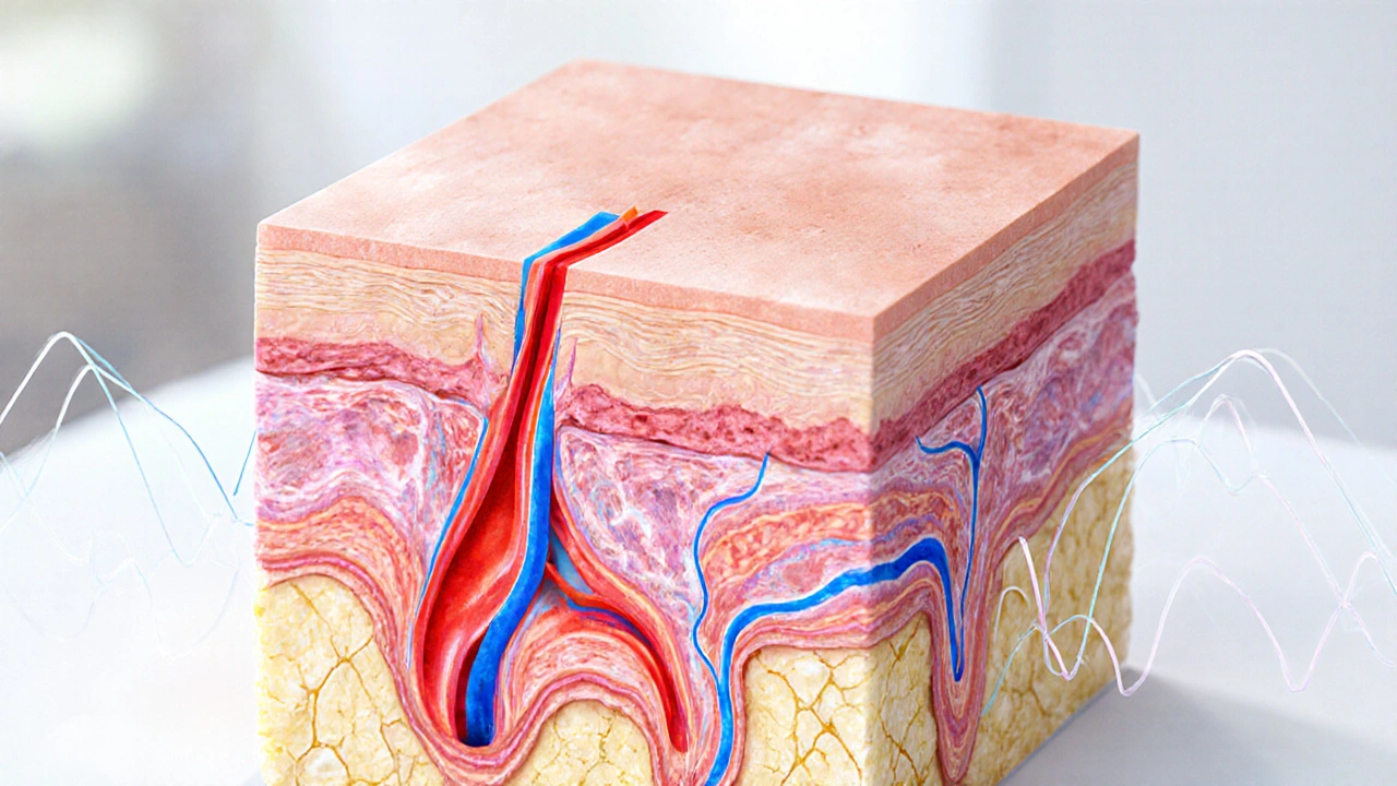 Křížový řez tkáně ukazující zlepšený krevní oběh a odtok lymfy pod pokožkou při vakuoterapii.