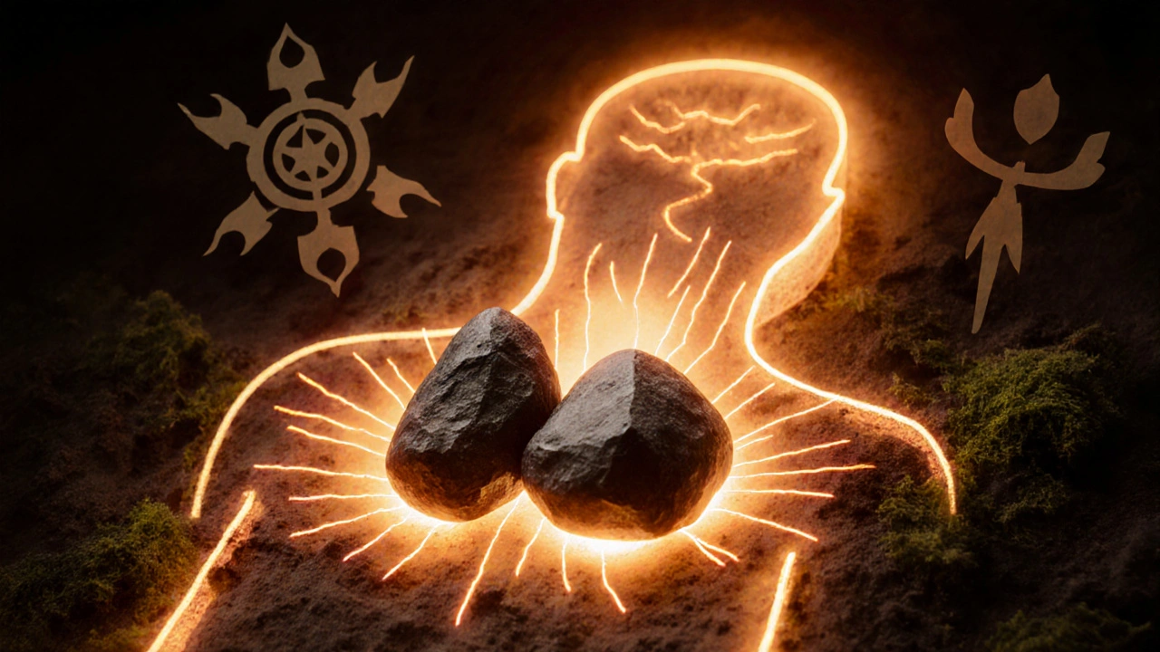 Lávové kameny na siluetě těla s vyzařujícími čarami reprezentujícími uvolnění bolesti a zlepšení oběhu.