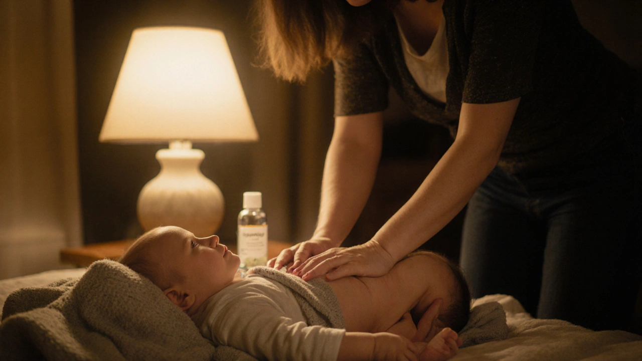 Matka hladí bříško kojence po směru hodinových ručiček, dítě je klidné a uvolněné.