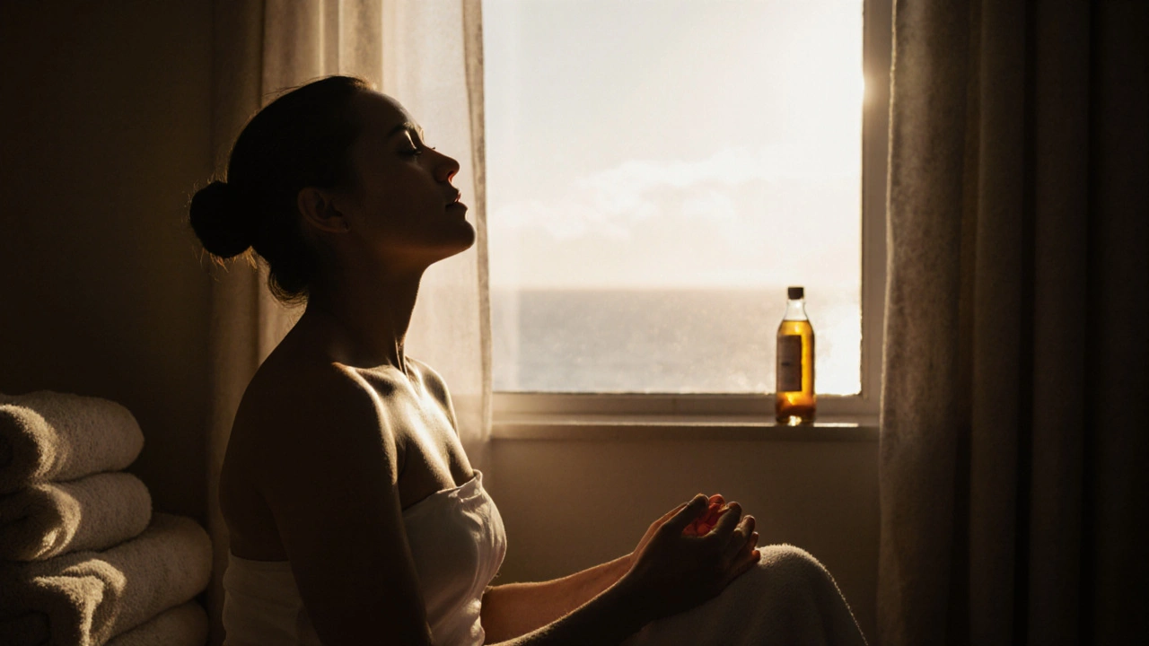 Osoba sedí u okna po masáži, oči zavřené, klidně dýchá v tichém ranním světle.