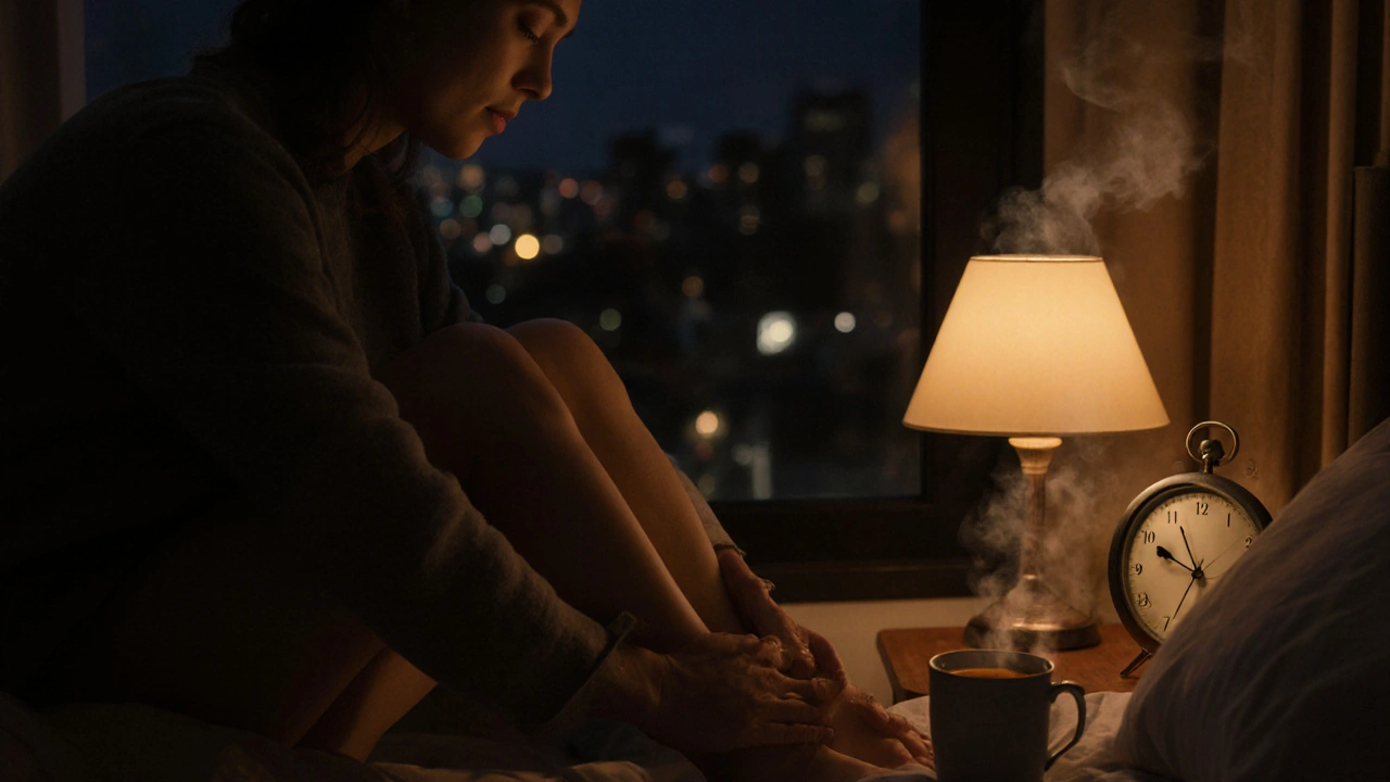 Osoba si doma jemně masíruje nohy olejem před spaním, v pozadí teplé osvětlení a šálek čaje.