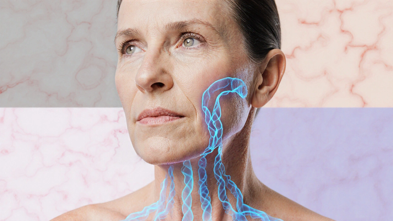 Přehled lymfatického odtoku při masáži obličeje s vize zmírnění vrásek a červenání.