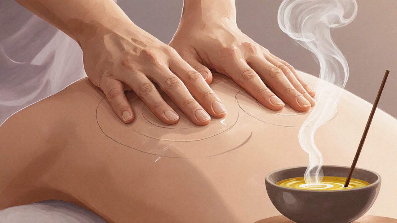 Ruce masírují záda jemnými kruhovými pohyby, olej na kůži září v měkkém světle.