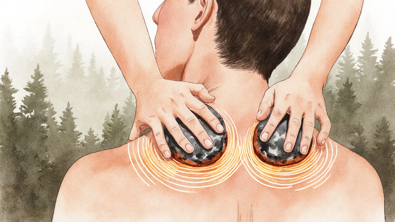 Ruce používají teplé kameny k masírování ramene a zádech s viditelným tepelným zářením.