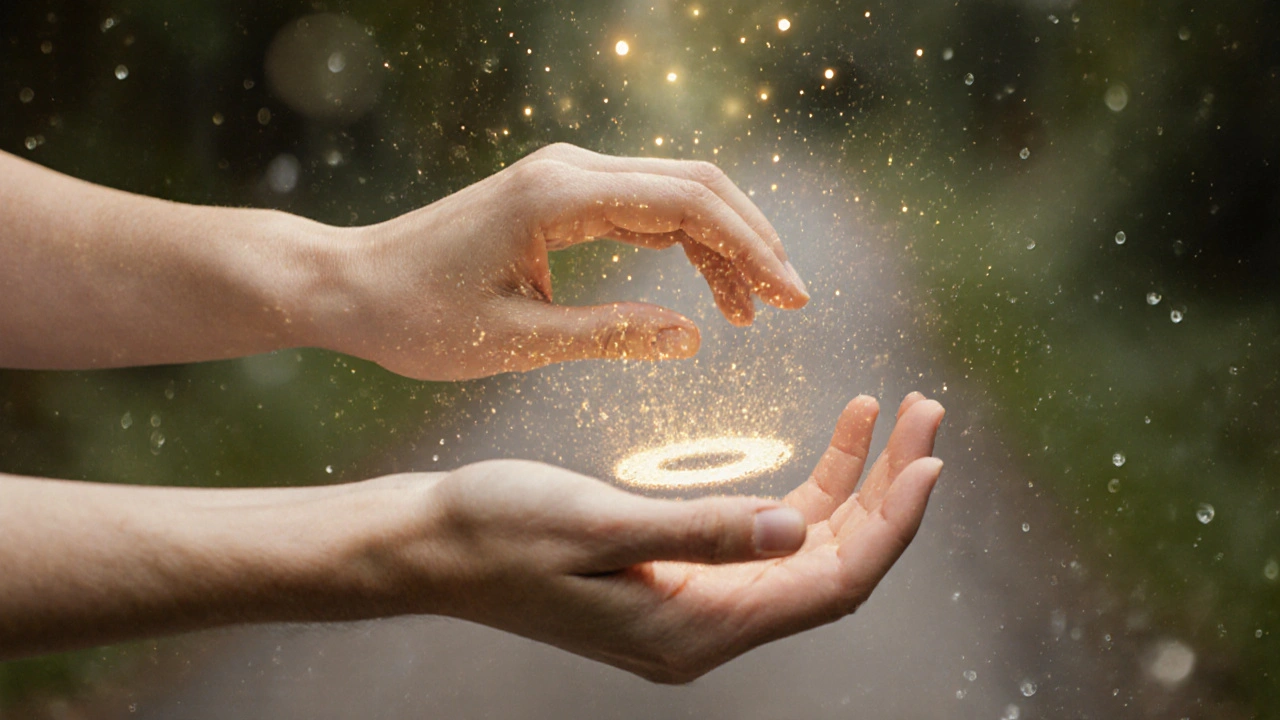 Ruce provádějí jemné kruhové pohyby na paži, s jemnými zlatými částicemi symbolizujícími odvod lymfy a toxinů.