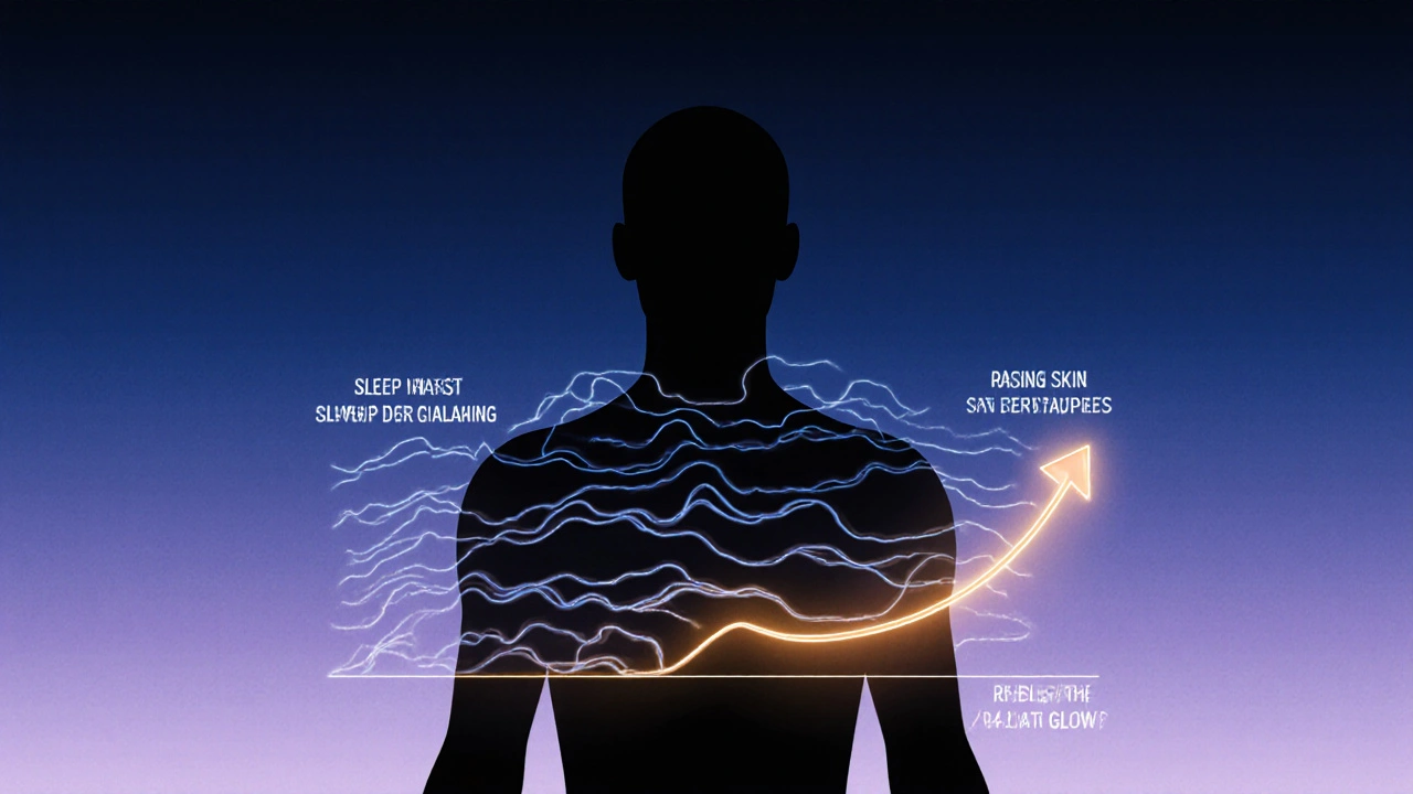 Silueta lidského těla s grafickými znázorněními zpomaleného dechu, snížené srdeční frekvence a růstu melatoningu před spaním.