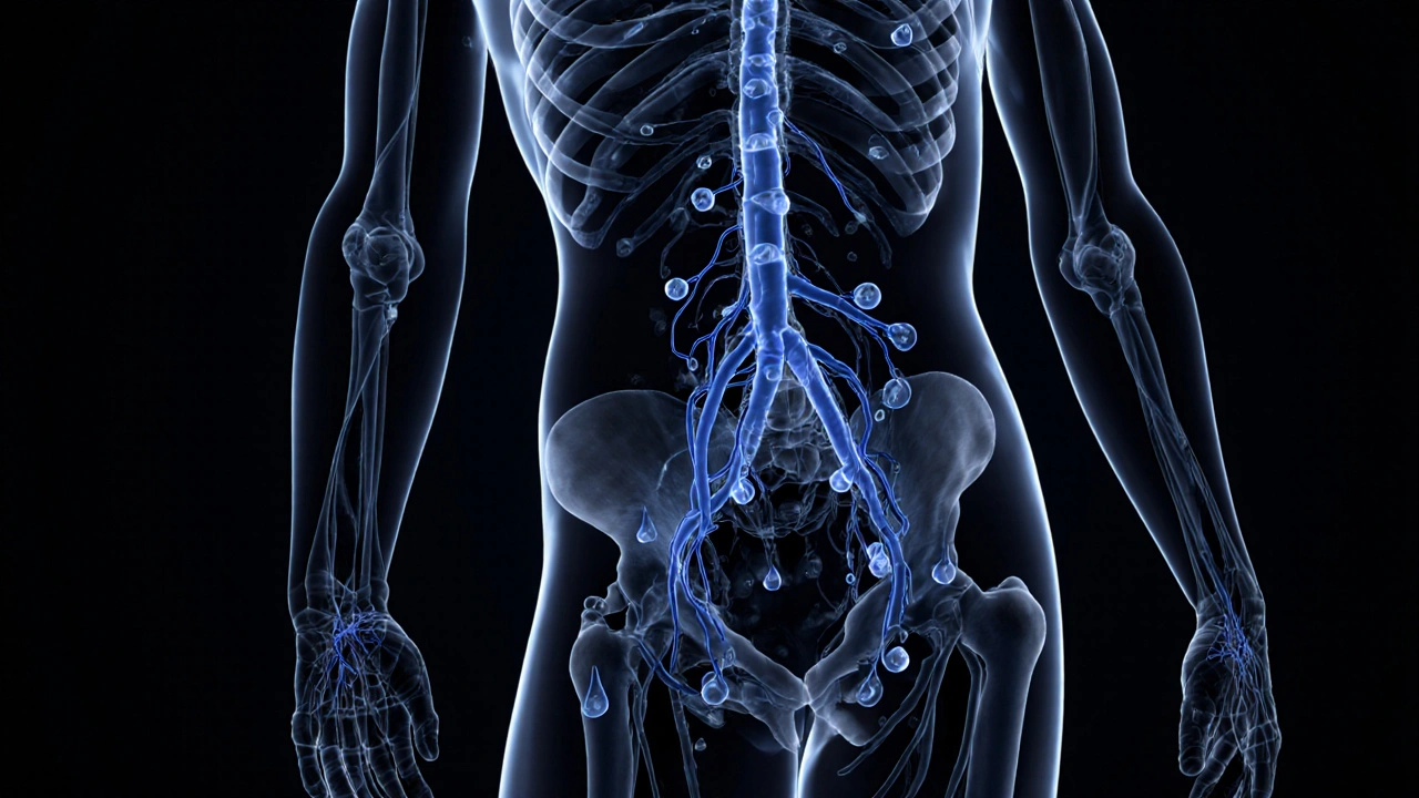 Skrytá síť lymfatických cév svítí pod kůží jako jemný modrý proud tekutiny.