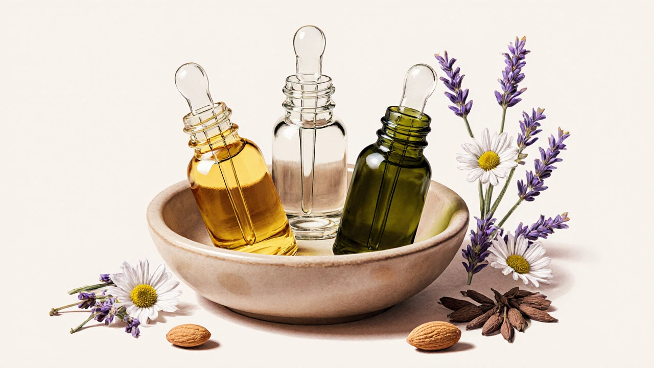 Tři přírodní oleje — kukuřičný, mandlový a černokmínový — kapají do nádoby s bylinkami.