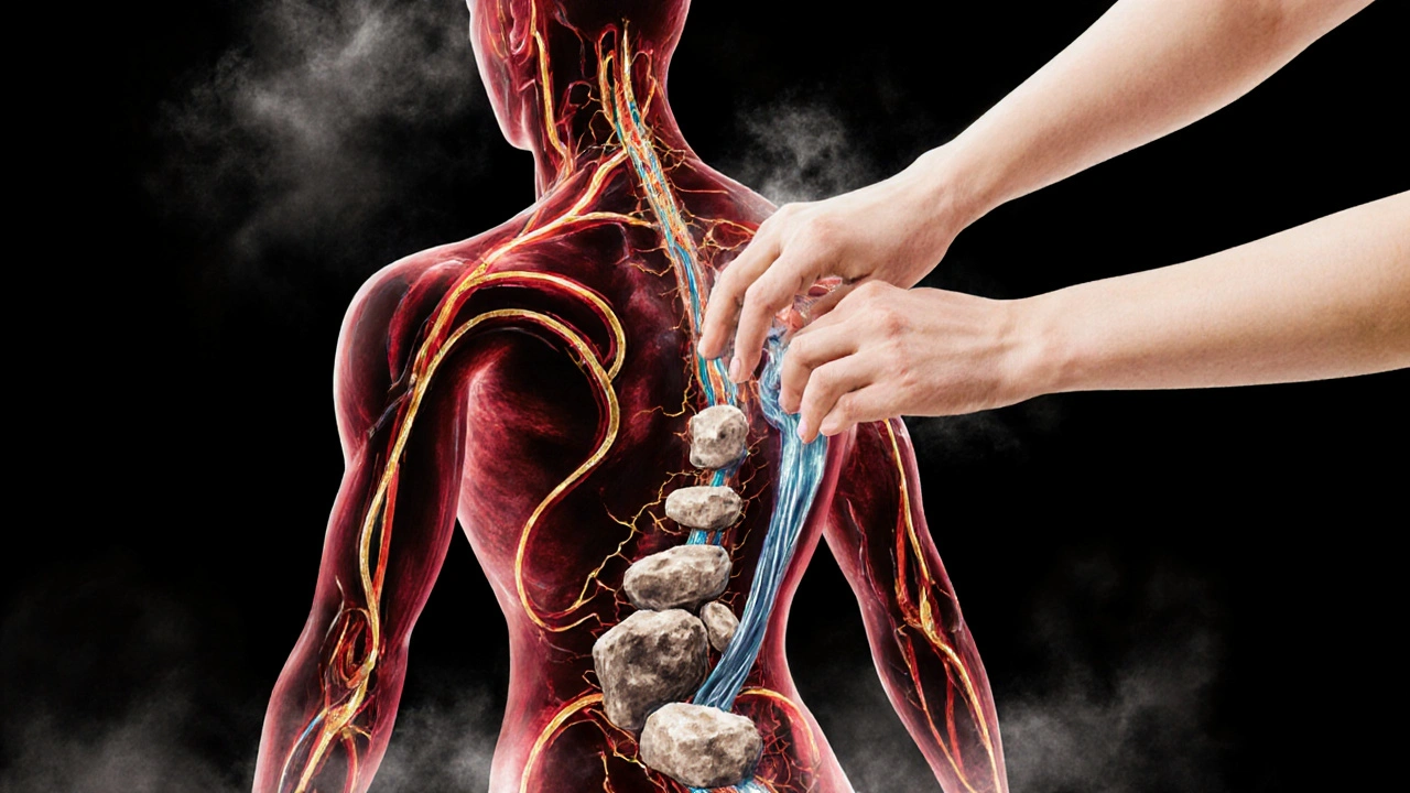 Umělecký náčrt lidského těla s proudícími energetickými kanály a blokádami, které terapeut uvolňuje.