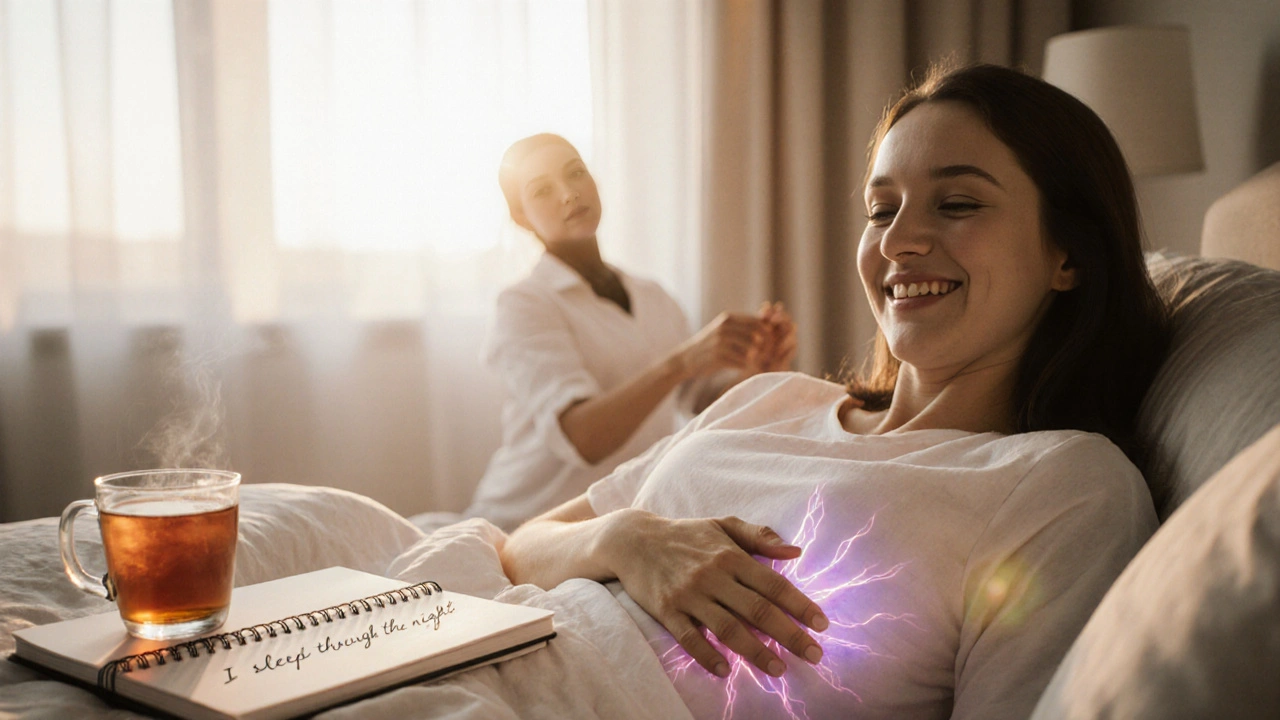 Žena se probouzí s úsměvem, značka zlepšeného spánku a klidu po čínské masáži.