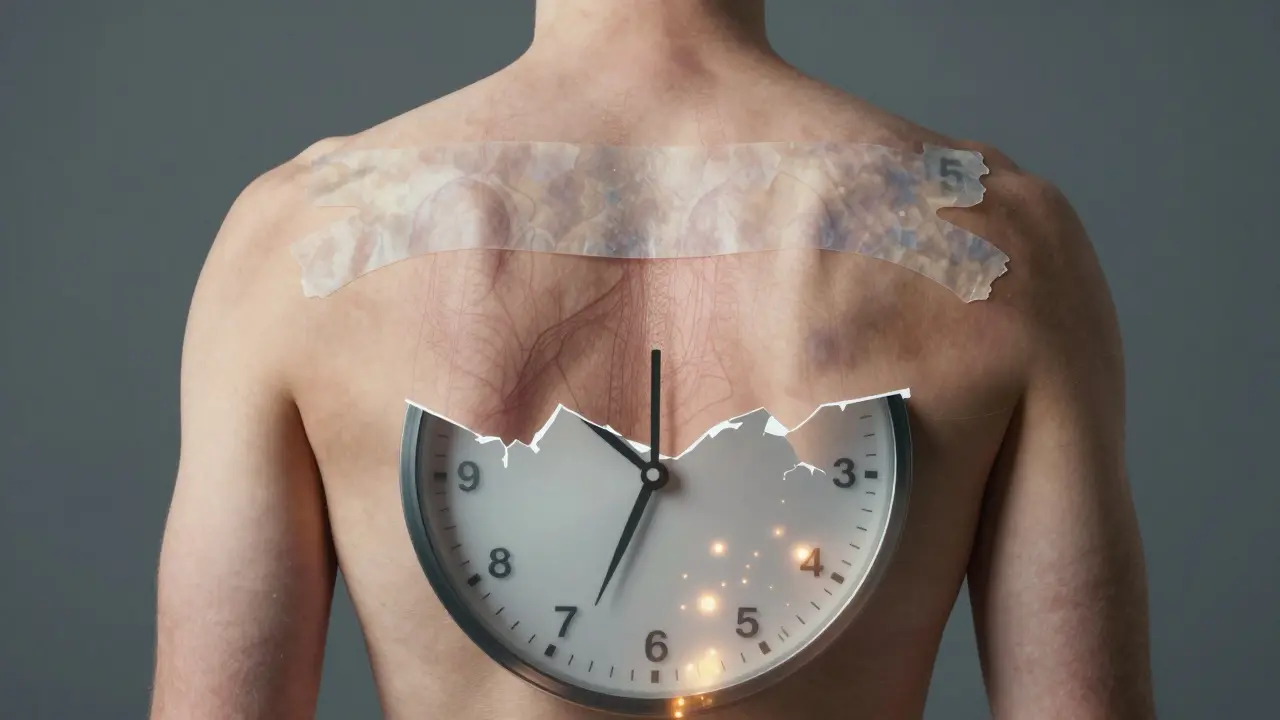 Koncepční obrázek lidského zádů s třemi vrstvami symbolizujícími nosení tejpů a jeho dopady.