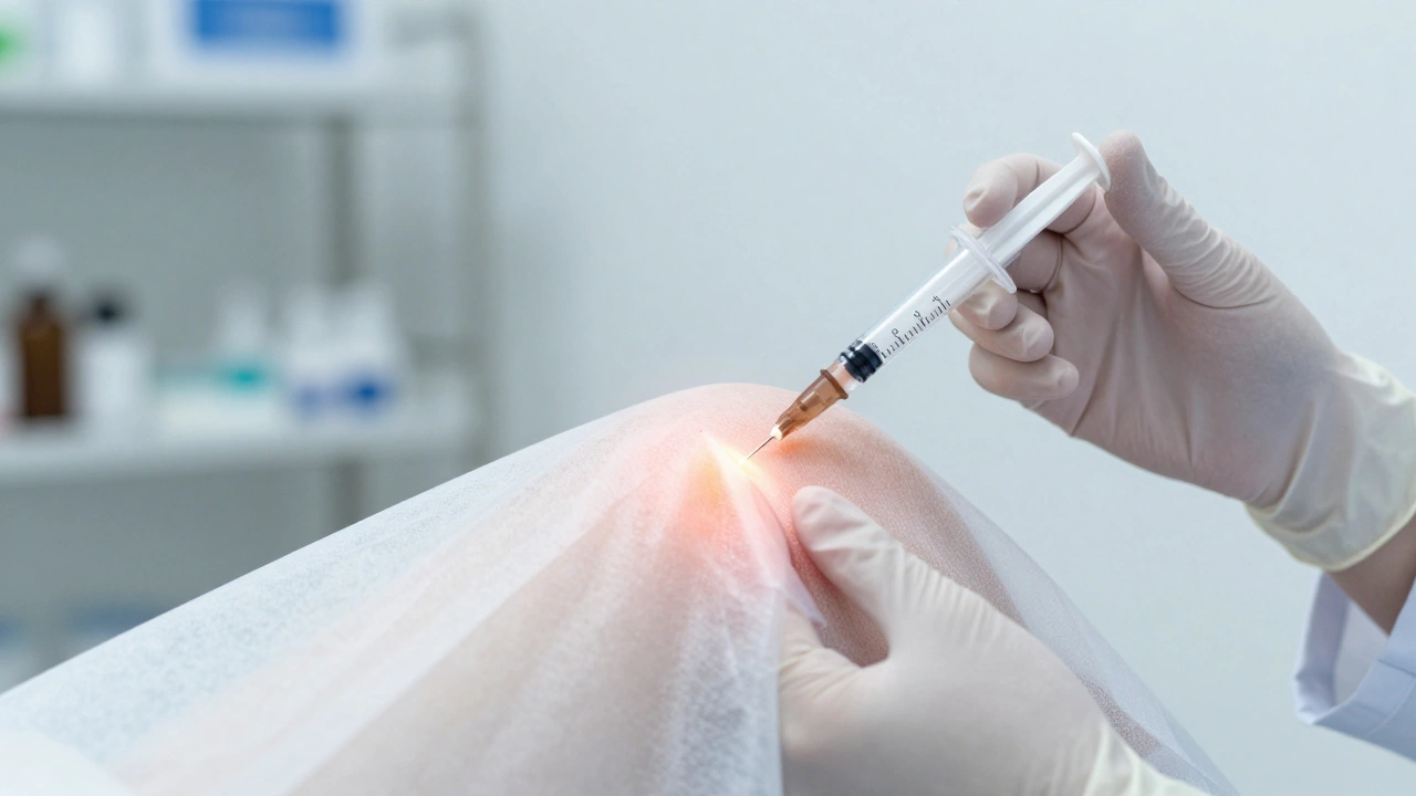 Lékař odebírá tekutinu z kloubu pomocí jehly v klinickém prostředí.