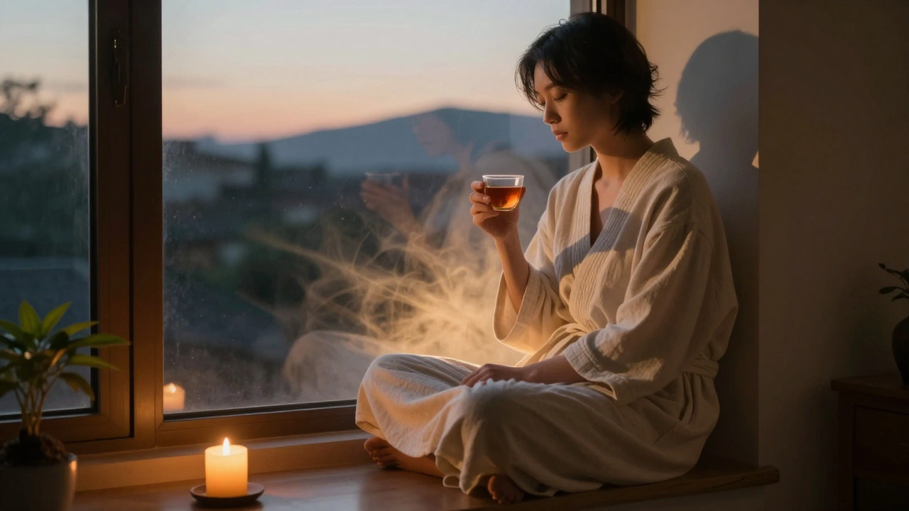 Osoba po čínské masáži sedí u okna a pije teplý čaj v klidném prostředí.