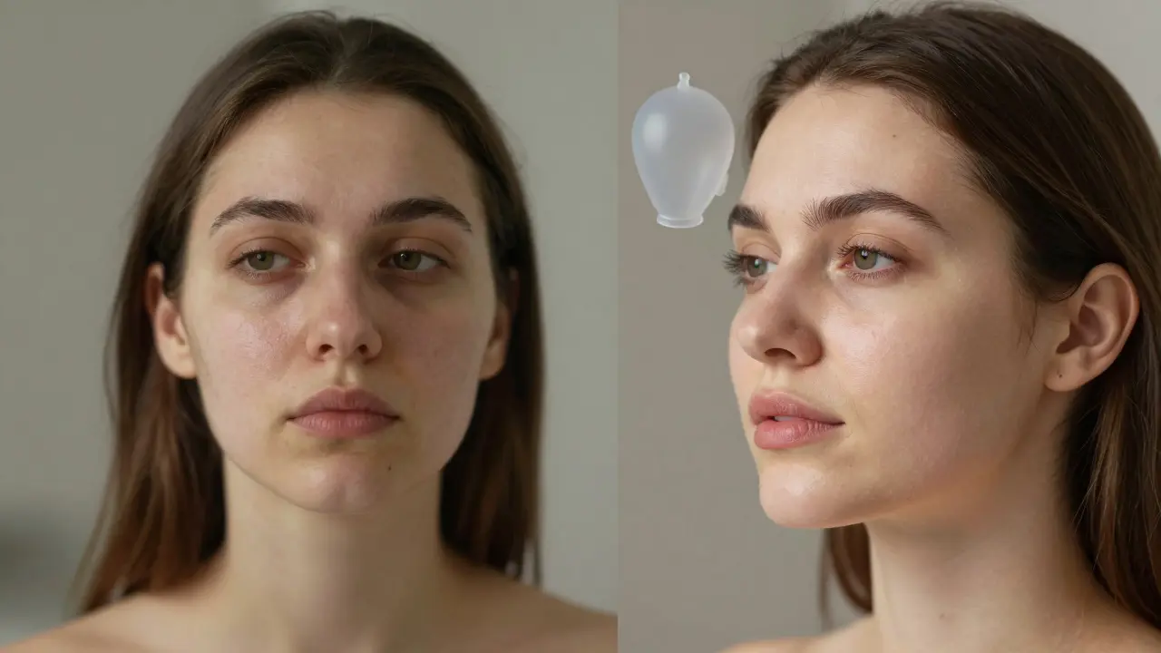 Před a po na zrcadle: unavená plet vs. odpočatá, vysvětlená plet přirozenou masáží.