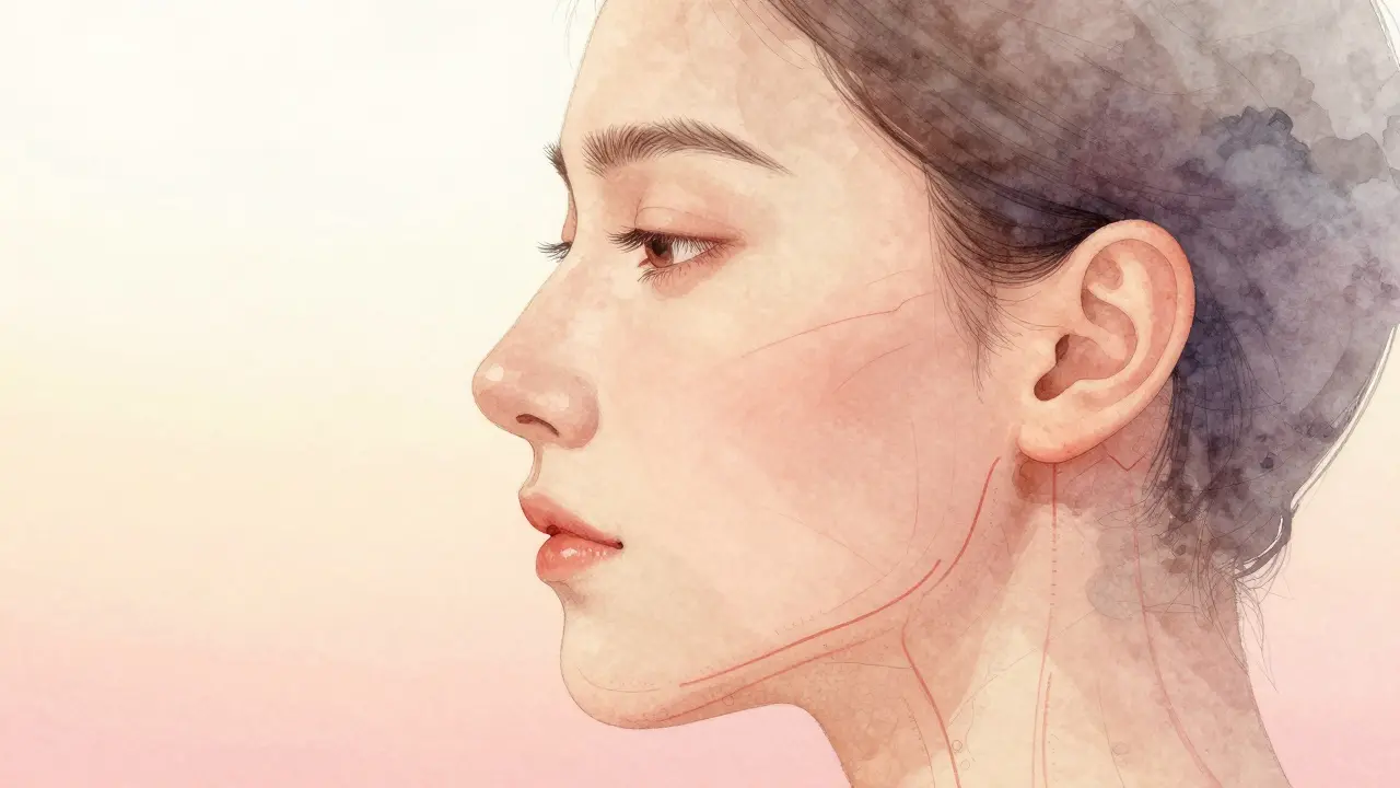 Profily obličeje s jemnými čarami označujícími zlepšený krevní oběh a kontury.