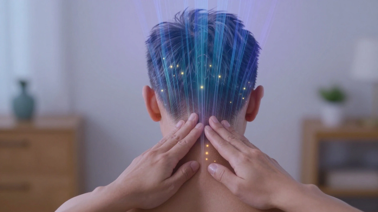 Ruce masírují krk a ramena, s vizuálními energie proudícími k hlavě.
