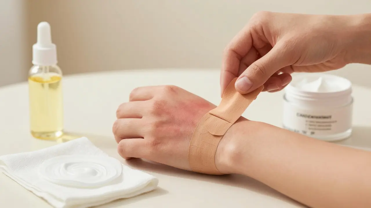 Ruka odstraňující starý tejp z předloktí, pod tejpem viditelné červenání kůže.