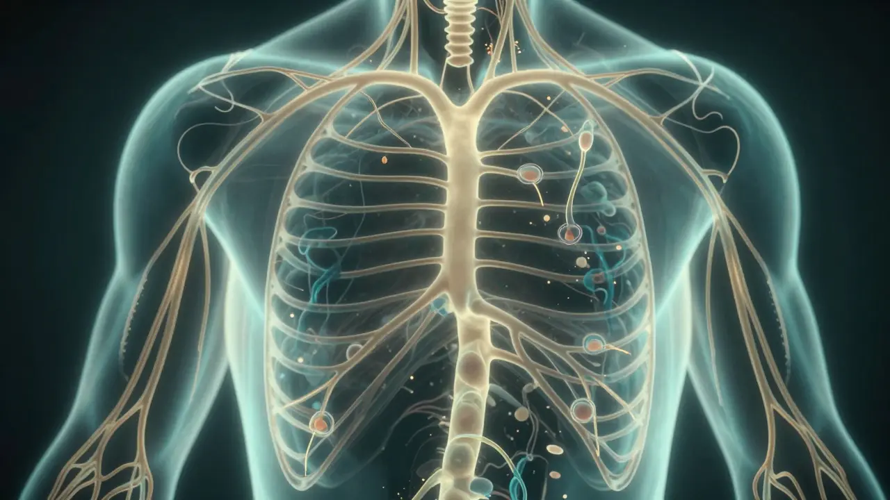 Svítící síť lymfatických cév a uzlin pod kůží s příznaky odpadních látek.