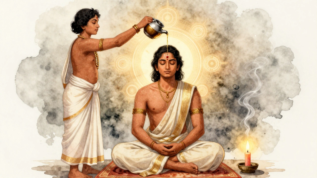 Tradiční indická masáž hlavy s kapajícím olejem nad čelem.