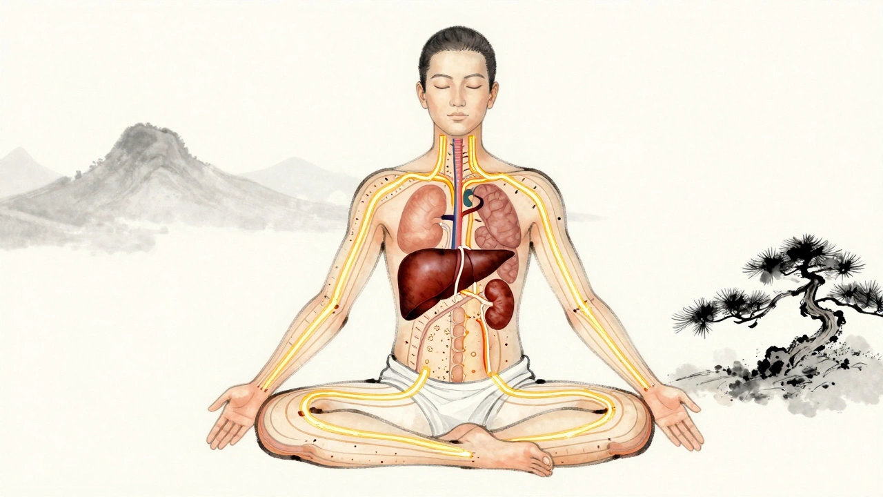 Umělecká ilustrace toku energie qi podél energetických cest v těle.