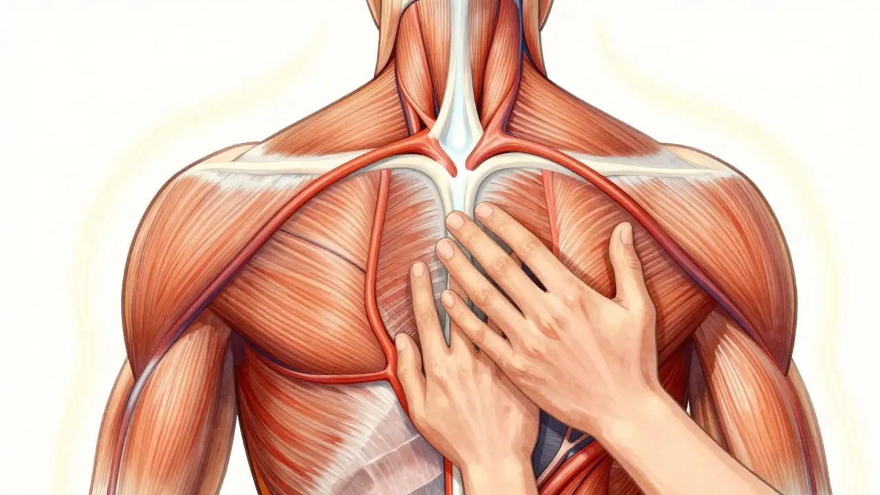 Vnitřní pohled na uvolnění svalové tkáně a fascie během masáže.