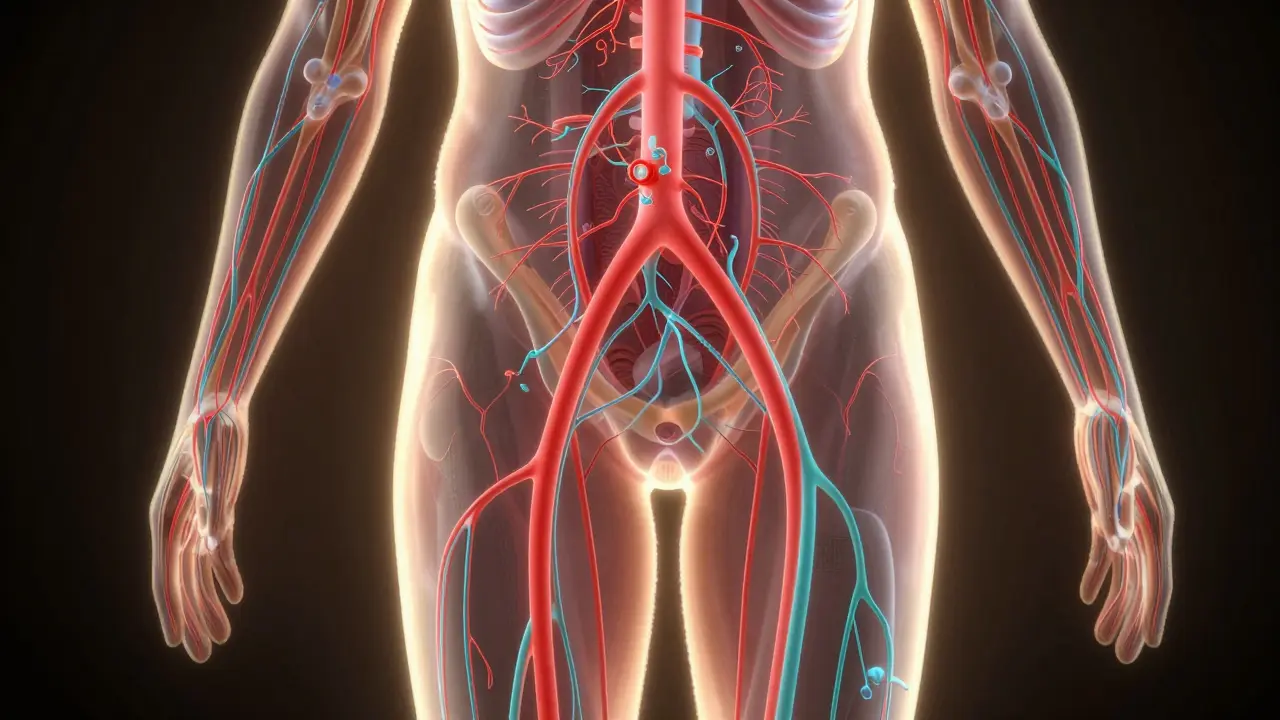 Vnitřní pohled na zvýšený krevní oběh a lymfatický tok v zádech a nohou při vakuoterapii.