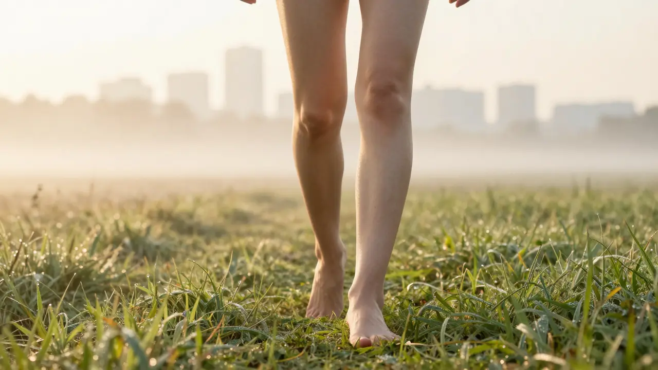 Žena kráčí barefoot na trávníku v ranním světle, symbolizující pohyb lymfy.