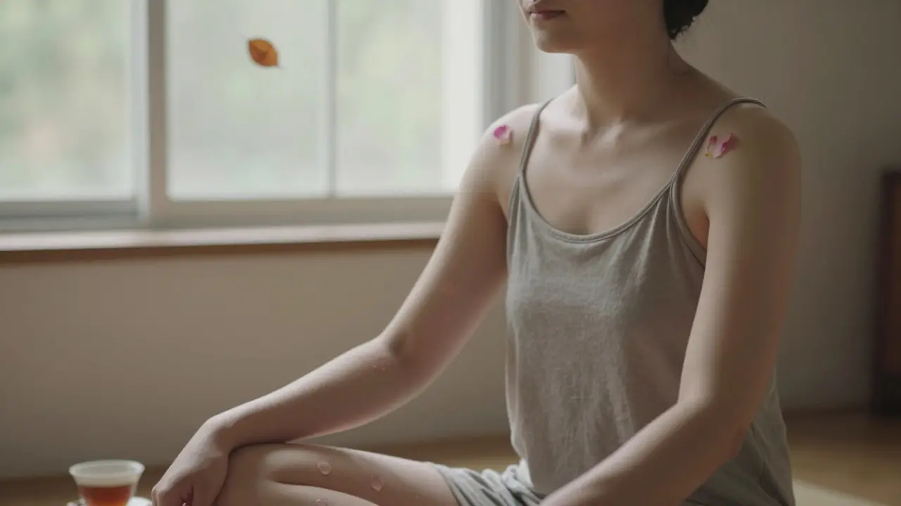 Žena v klidu s jemnými kruhy na ramenou a nohou, symbolizující uvolnění a klid po sezení.