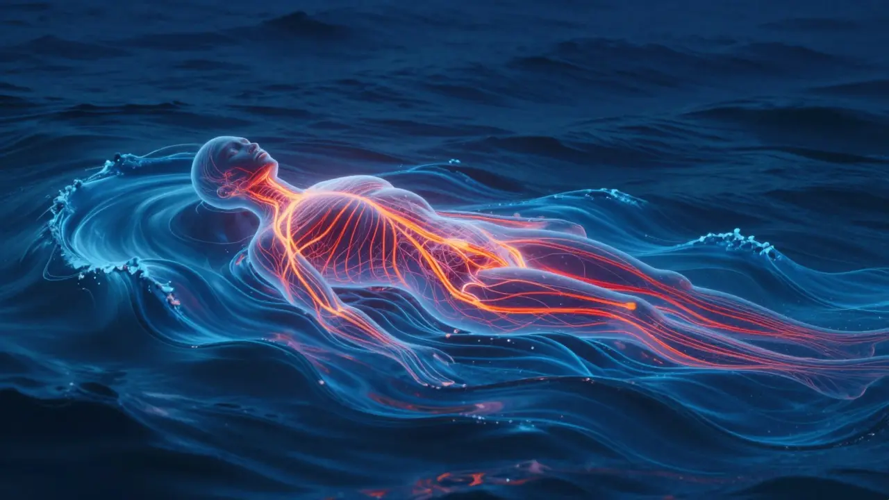 Abstraktní znázornění přechodu těla ze stresu do klidu pomocí teplých a studených vln energie.