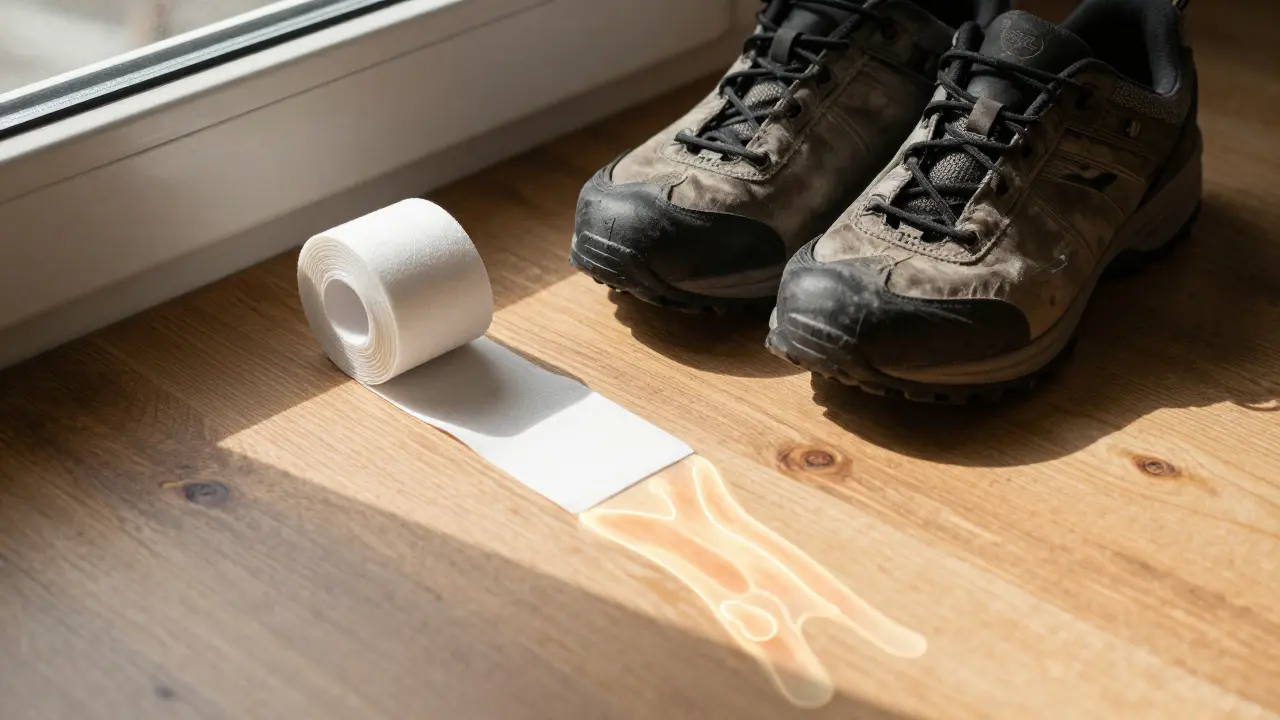 Chůze a tejp jako symbol obnovy pohybu – boty a tejp na okenním parapetu.