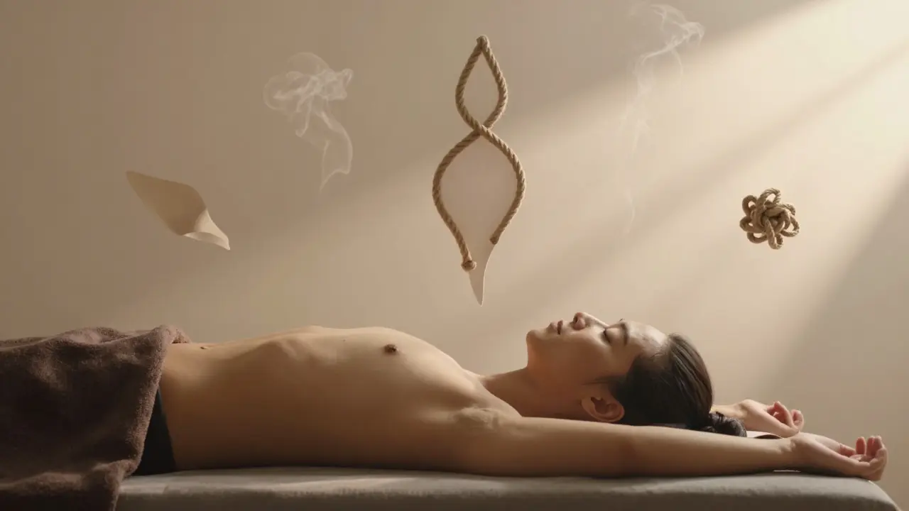 Člověk po masáži v klidu, kolem něj se rozptylují abstraktní tvary uvolněného napětí.