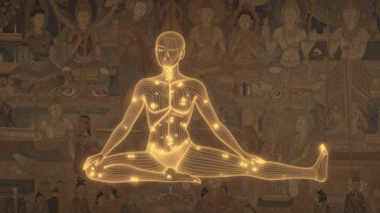 Glowing energetické linie v těle během thajské masáže, styl připomínající starobylé thajské fresky.