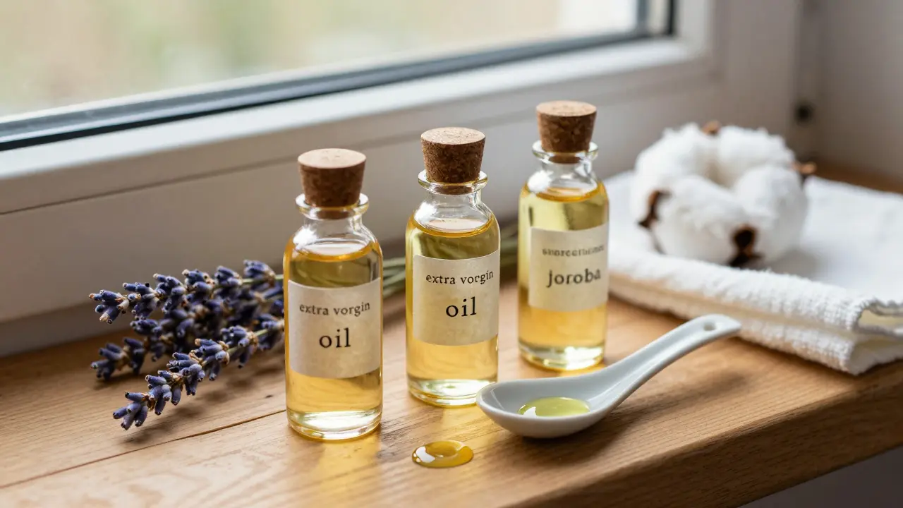 Tři přírodní oleje – kokosový, mandlový a jojobový – na dřevěném podstavci s kápní oleje.