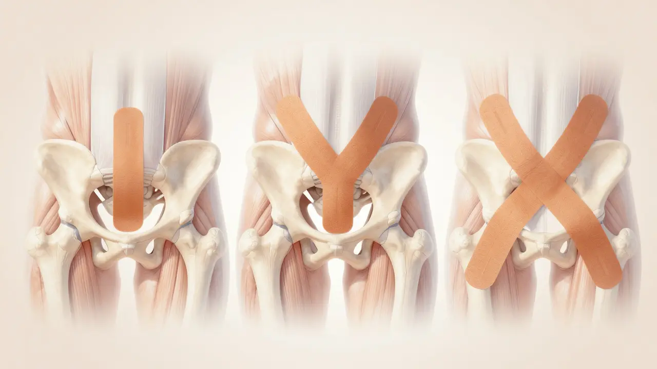 Tři typy aplikací kinesiologického těsa na anatomický náčrt kyčle.