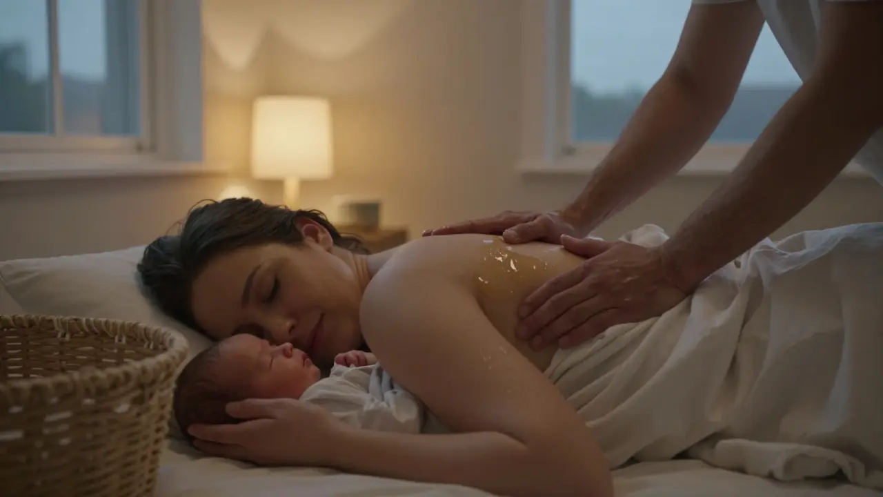 Žena si nechává masírovat záda po porodu, dítě spí v košíku poblíž.