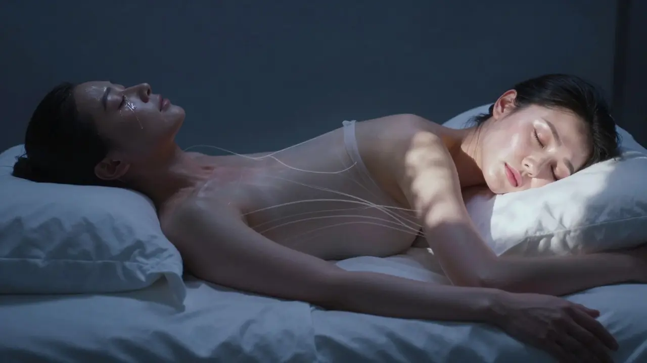 Žena spí hluboce ve své posteli — po masáži, která uvolnila napětí z těla.