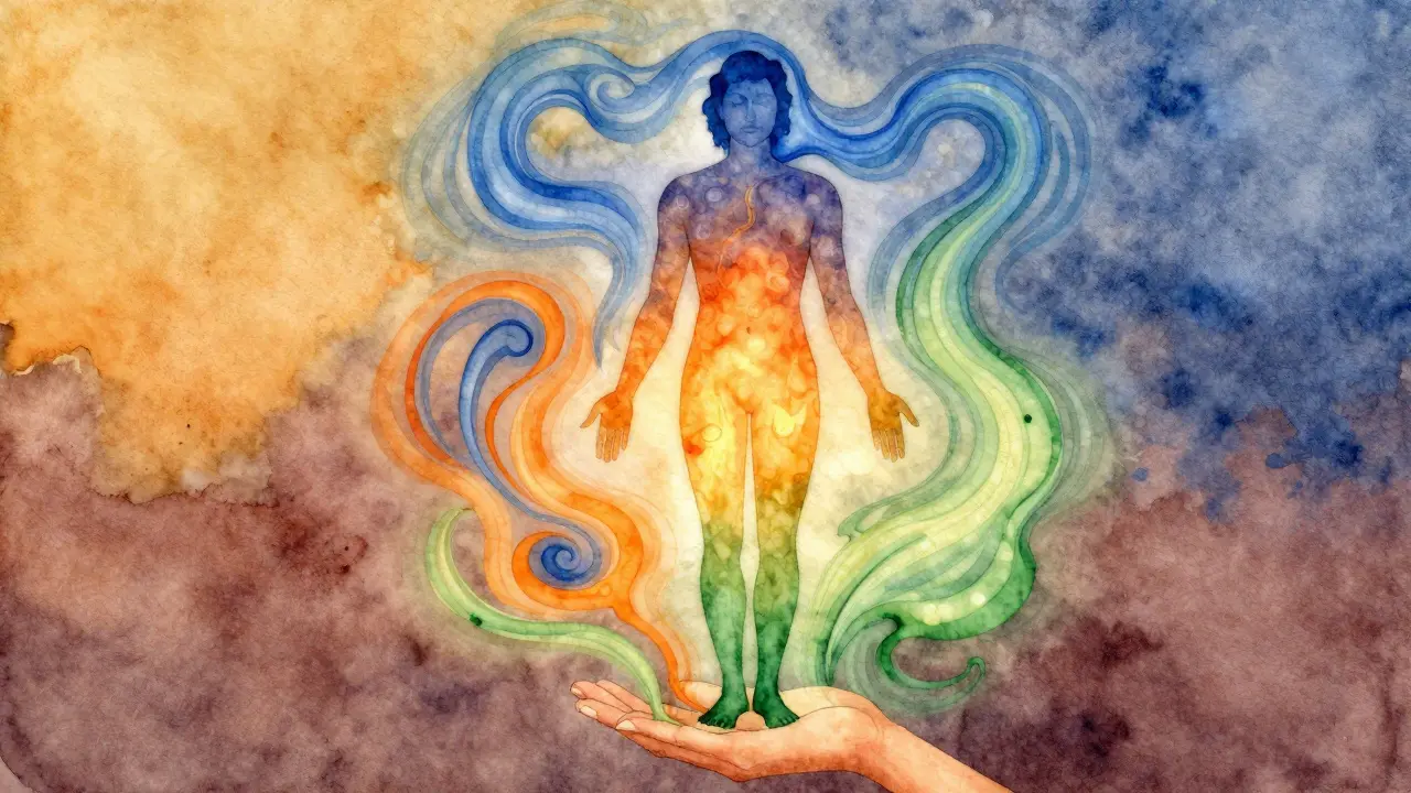 Abstraktní ilustrace tří doshů – Vata, Pitta a Kapha – jako energie kolem lidské postavy, symbolizující rovnováhu.