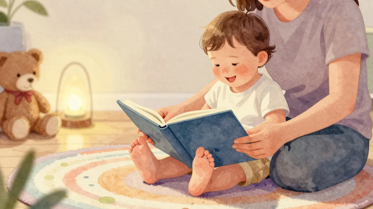 Dítě si nechává masírovat nožky před spaním, zatímco matka čte knížku.