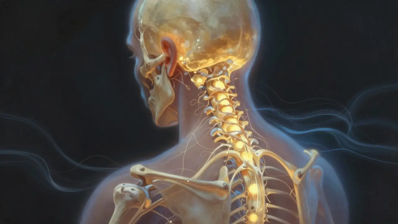 Ilustrace klíčových bodů masáže na krku a ramenách s označenými nervovými cestami.