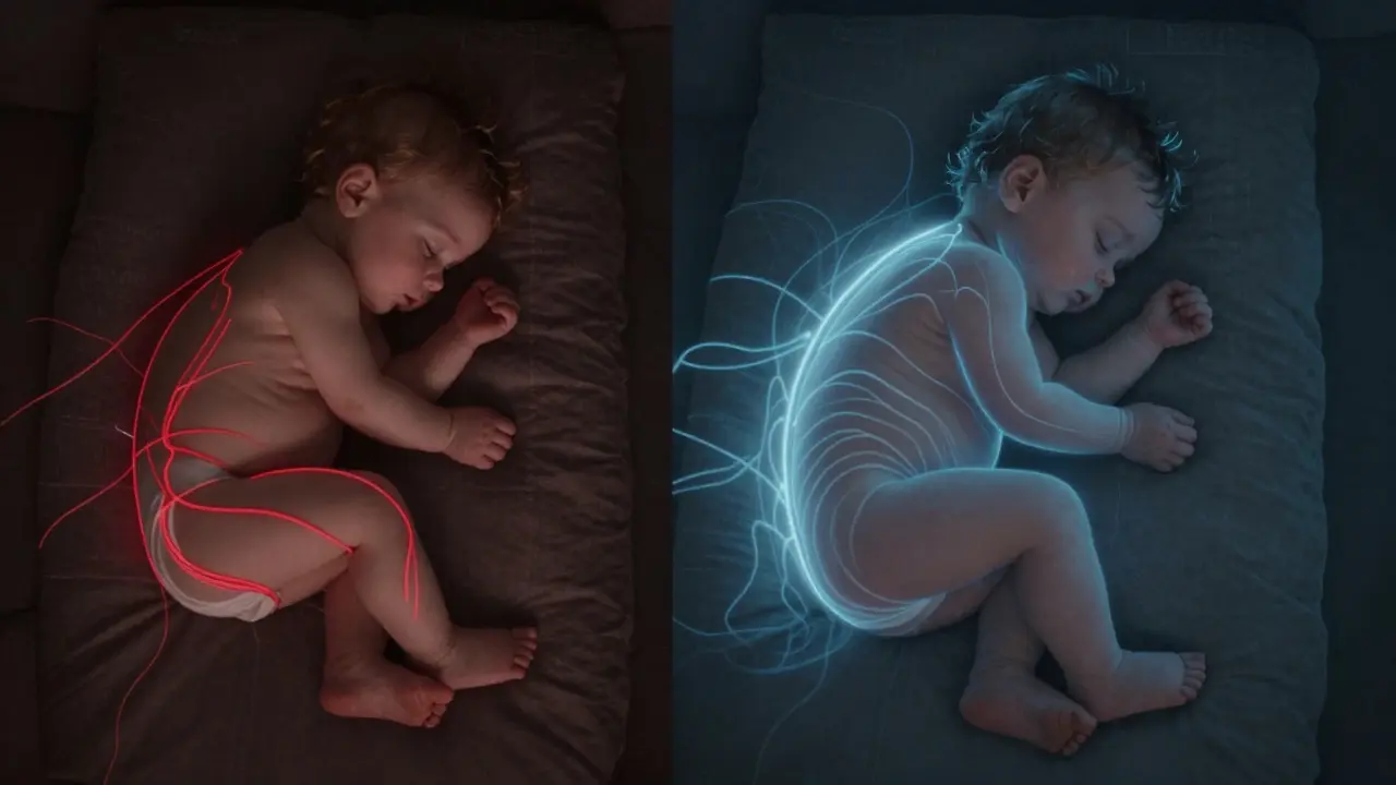 Konceptuální obrázek porovnávající napětí a uvolnění u dítěte po masáži.