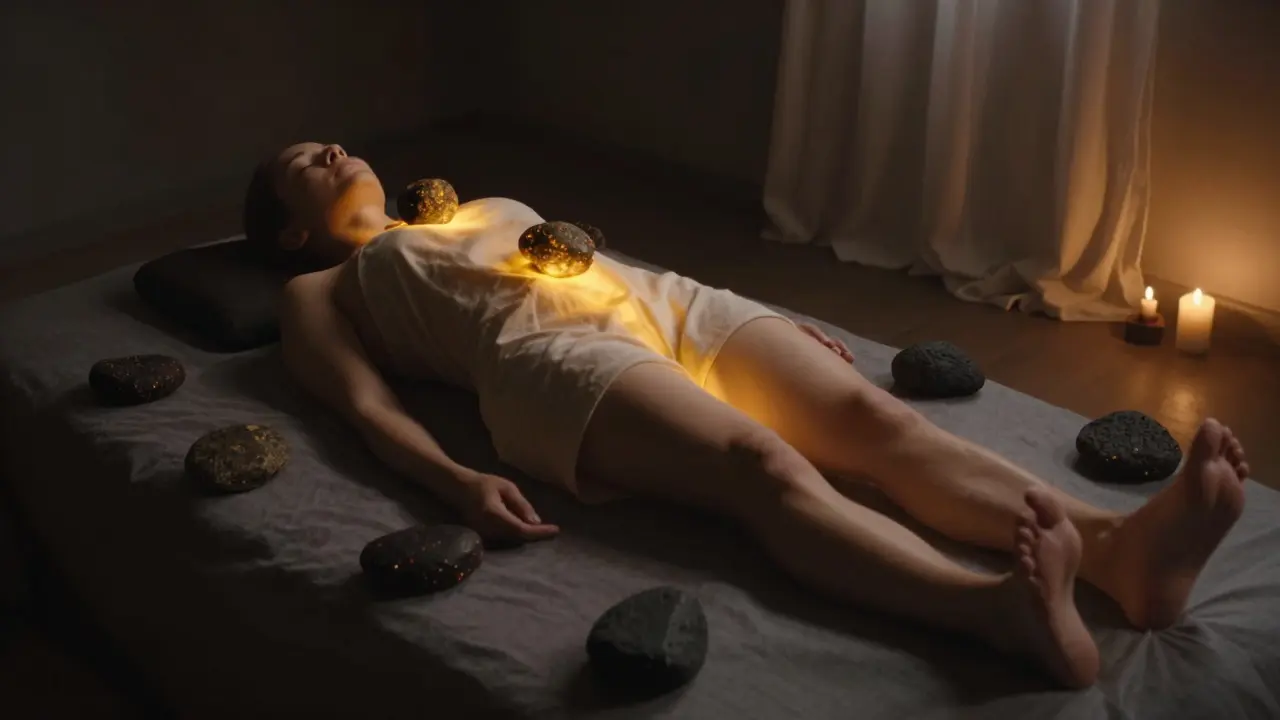 Osoba leží klidně s lávovými kameny na klíčových bodech těla, osvětlená teplým zářením.