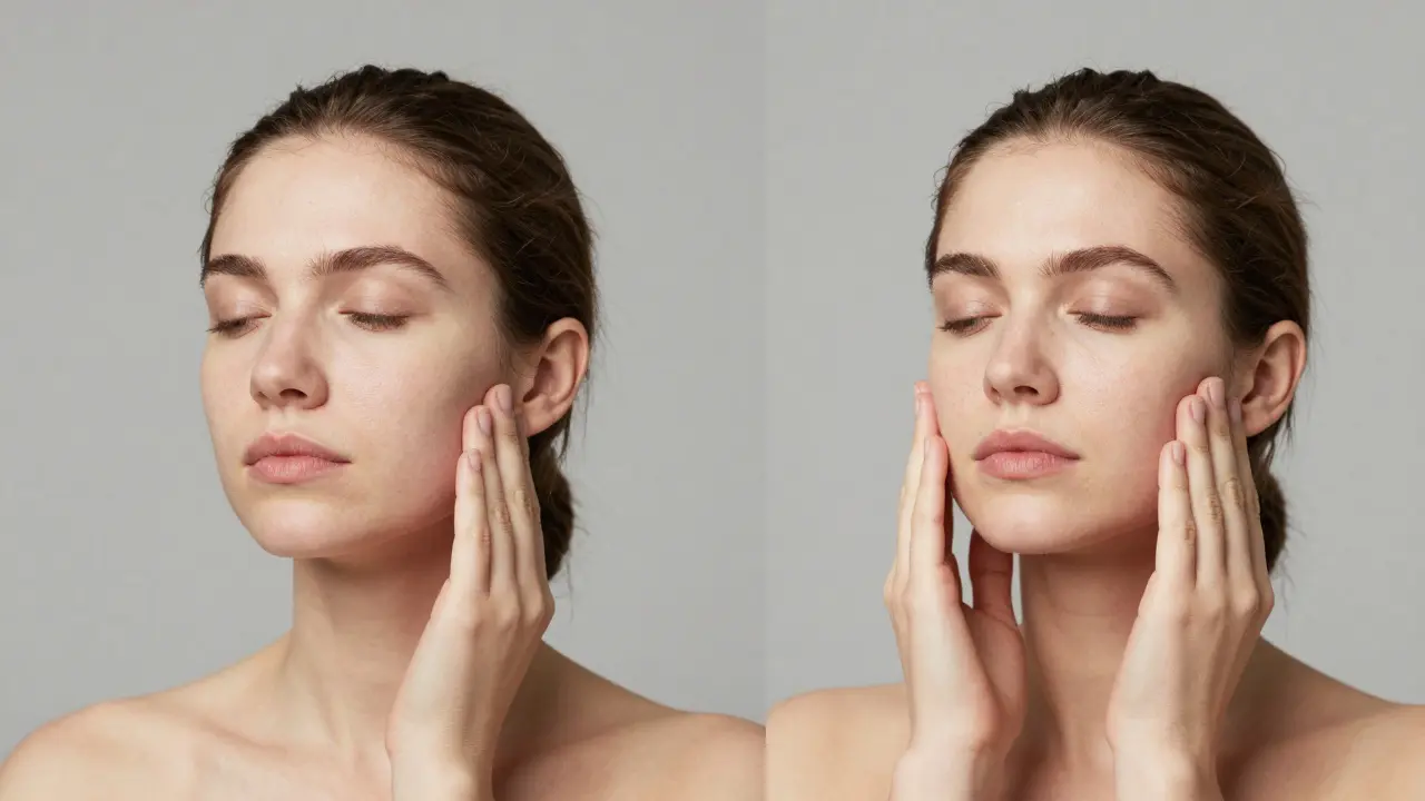 Porovnání před a po: zvýrazněný obrys čelisti po pravidelné masáži obličeje.